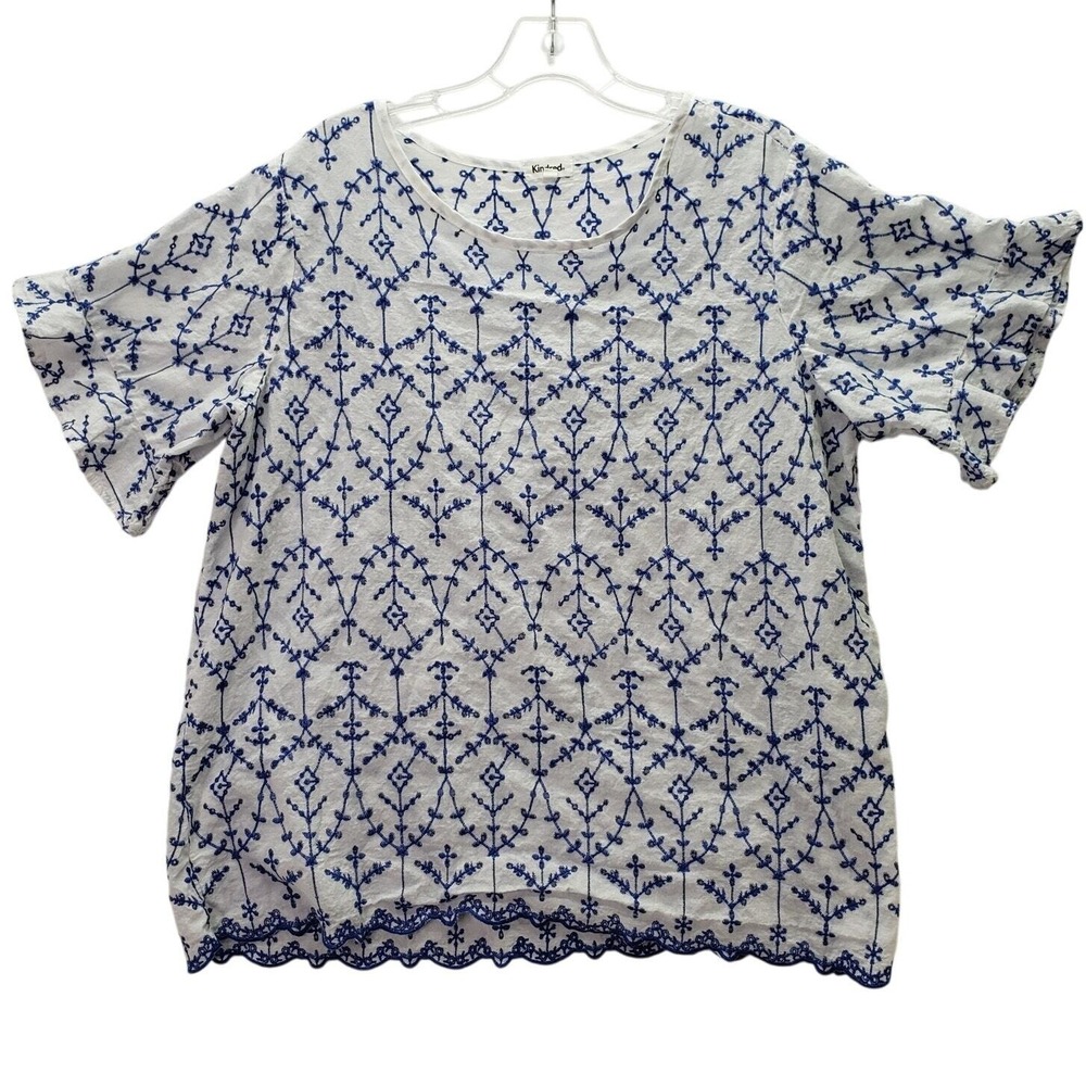 Kindred Blouse Womens Plus 2X White Blue Embroidered Floral Short Sleeve Cottage